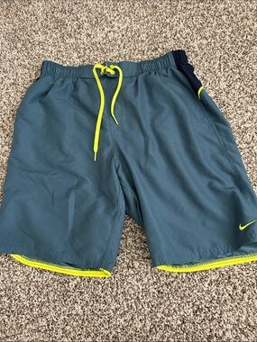 Nike Men's Teal Swim Trunks with Neon Yellow Accents
